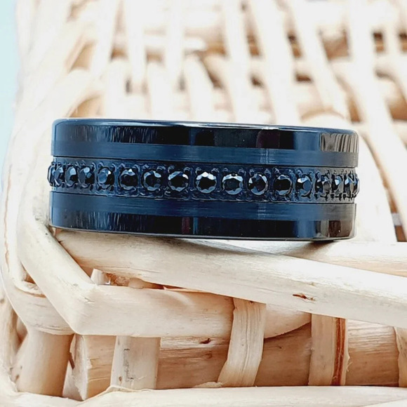 Round Cut Black CZ Inlay Engagement Ring for Man Woman, GALTUN775 - Picture 2 of 5